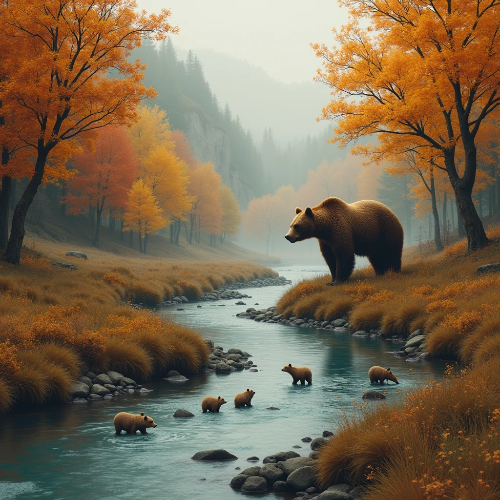 no human, autumn, fall, river, a large brown bear and small bears,