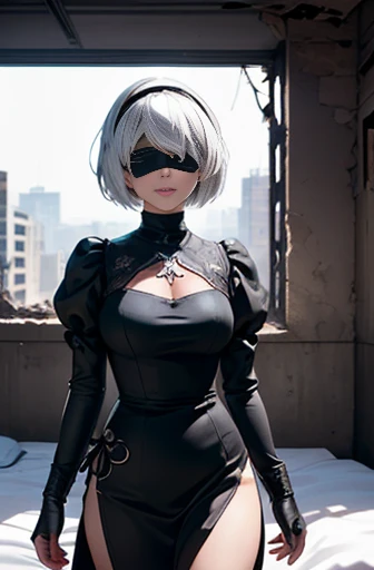 8k, ultra realistic, masterpiece, best quality, ultra detailed, beautiful face, beautiful skin, photorealistic, (professional lighting:1.2), nier_automata, 2B, yorha_no._2_type_b, (((no blindfold))), white hair, short hair, black_dress, black_hairband, robot_joints, android, cyborg, clothing_cutout, light smile, pearl necklace, looking at viewer, (((cowboy shot))), focus on face, ultra sharp, on street in business district, ultra detailed photo background, (((Inside a ruined building in the near future, on the bed)))