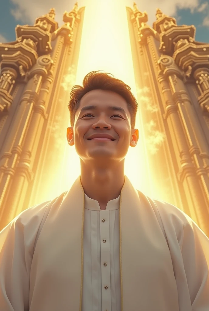 Make me a photo of an Indonesian man in his 20s wearing a Catholic white robe, with the background of 2 golden gates of heaven above the clouds, very realistic, photo taken using a Nikon camera, his face smiling looking at the camera, His entire face robed shining like the sun
