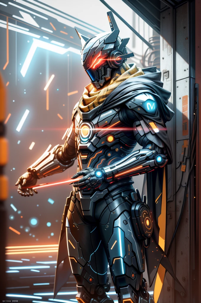 realistic,shiny,reflective,bioluminic, galactic cybernetic mask,mecha,(assassin:1.2),scarf,cloak,sh4g0d,GlowingRunes_red,fullbody,cinemnatic,dark background,backlight,high contrast,