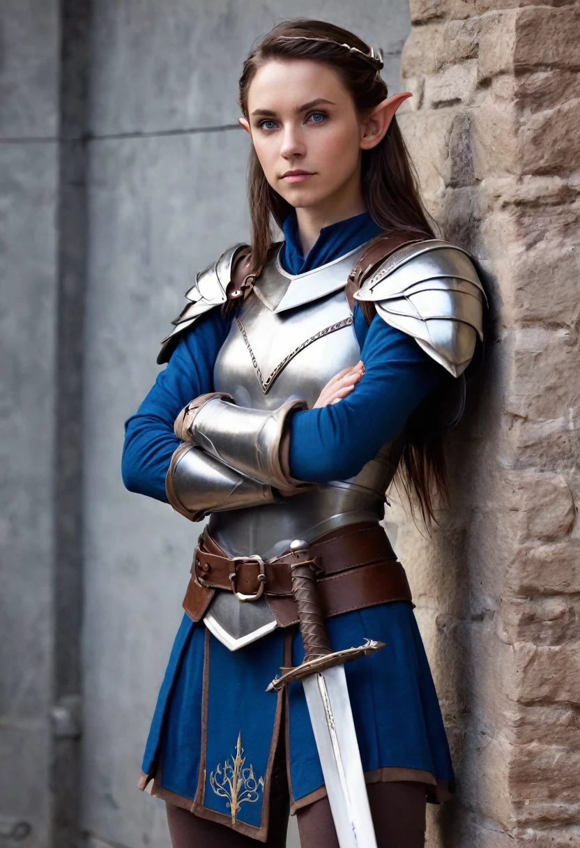 Masterpiece, Best Quality, 1girl, solo, brown hair, small elf ears, small pointy ears, female, androgynous, dark blue eyes, tan skin, plate mail, armor, silver armor, sword on hip, arms crossed, arms crossed over chest, leaning against wall,
