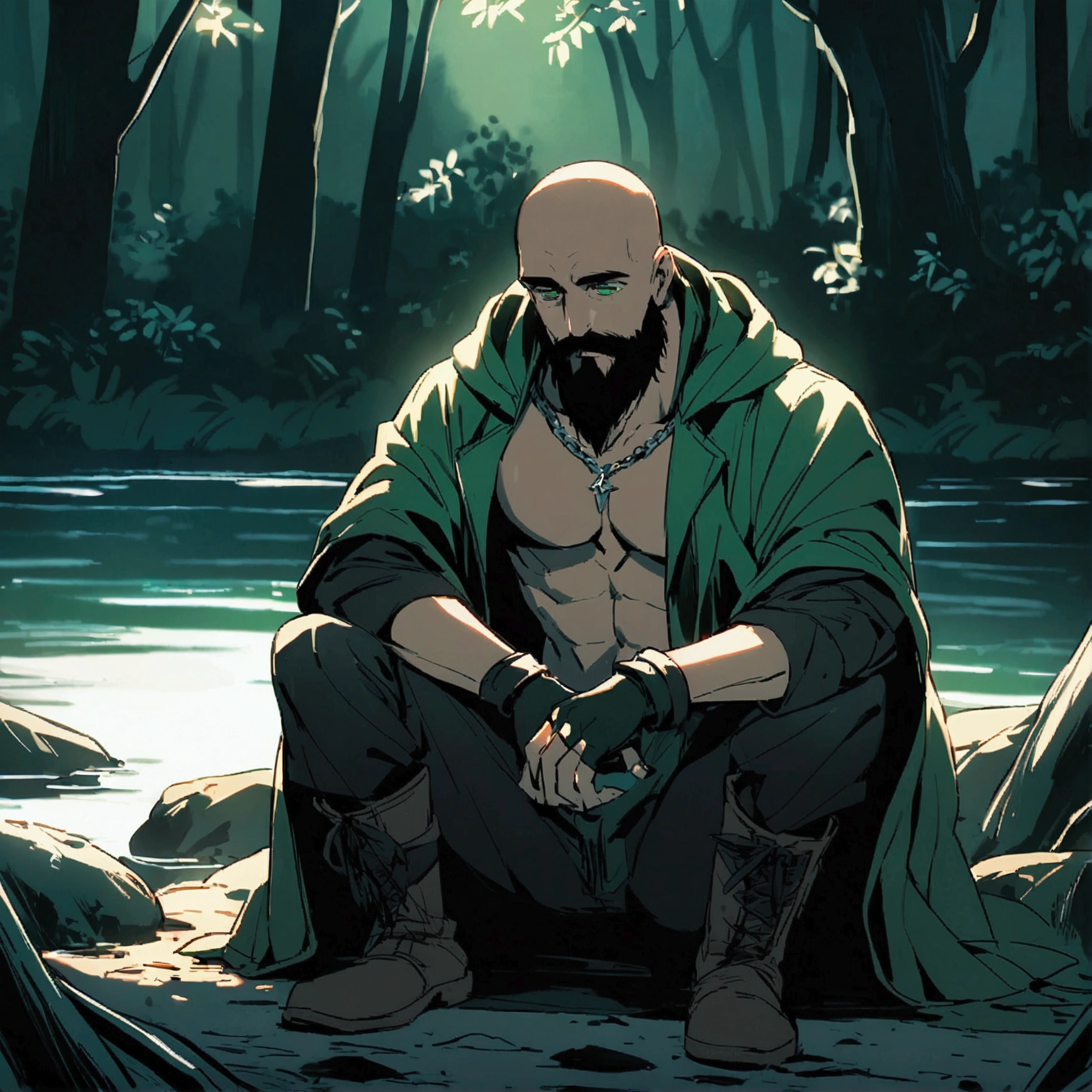 man, bald, dark brown beard, dark green long jacket, black pants, boots, no shirt, nothing underneath jacket, fingerless gloves, hooded, hood on, shadow coverings eyes, neck silver chain, thick beard, leather long jacket, short, skinny, sitting near river, in forest, mask in hands, looking at mask, looking down, green eyes, very thick beard, legs on dirt,