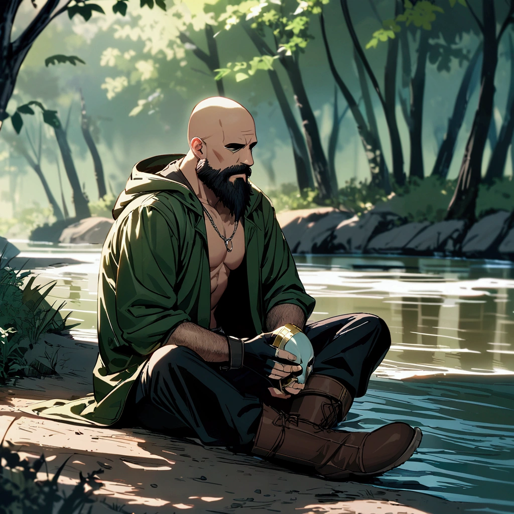 man, bald, dark brown beard, dark green long jacket, black pants, boots, no shirt, nothing underneath jacket, fingerless gloves, hooded, hood on, shadow coverings eyes, neck silver chain, thick beard, leather long jacket, short, skinny, sitting near river, in forest, mask in hands, looking at mask, looking down, green eyes, very thick beard, legs on dirt,