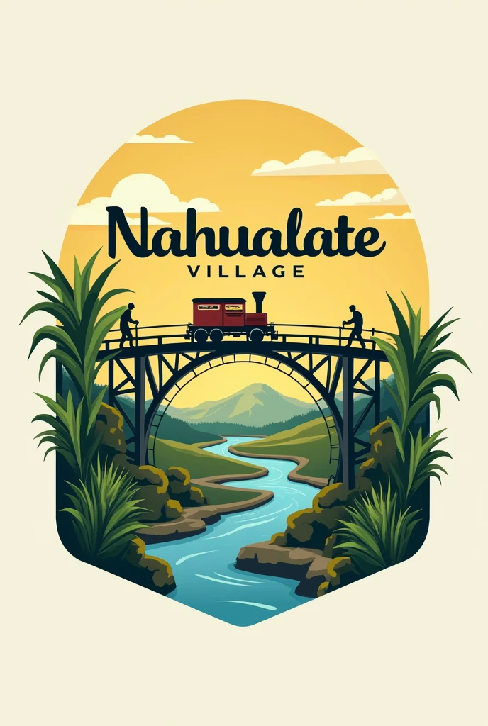 A logo for my community called "Nahualate Village". The community was created in sugarcane land, to highlight that the train also passes through and we have a station, The community borders a river and a bridge, Our people work in agriculture