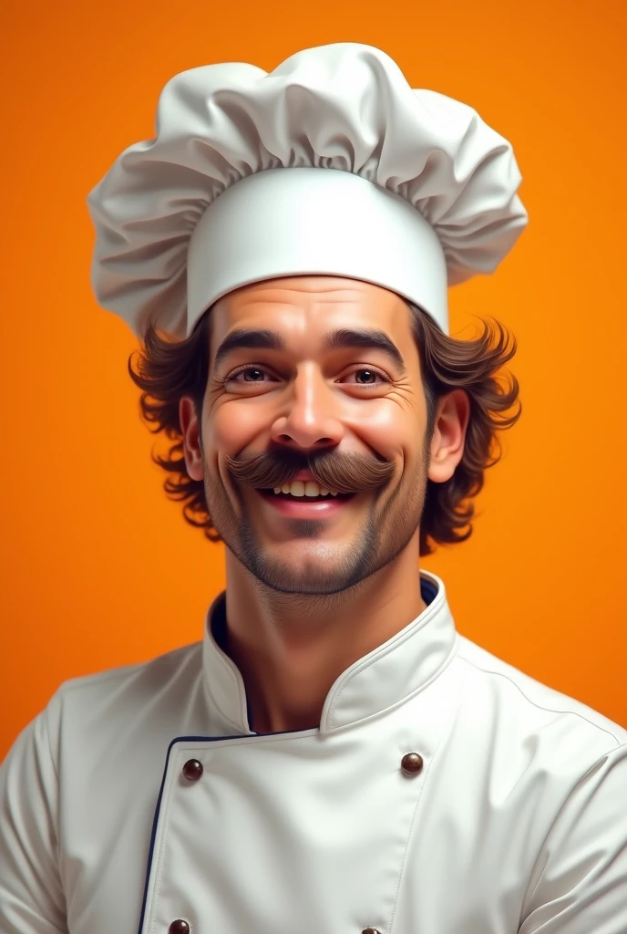 White man with wavy hair wearing a chef hat and mustache on an orange background 