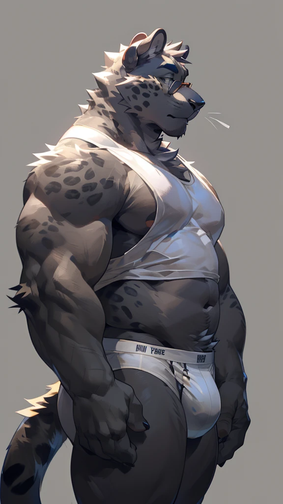 独奏, male, medium muscular, black jaguar, in white underwear, underwear, ((focus body, furry focus, shades focus, body shades)) (((gray background, gray wallpaper, One color))), By darkgem, at mystikfox61, by glitter trap boy