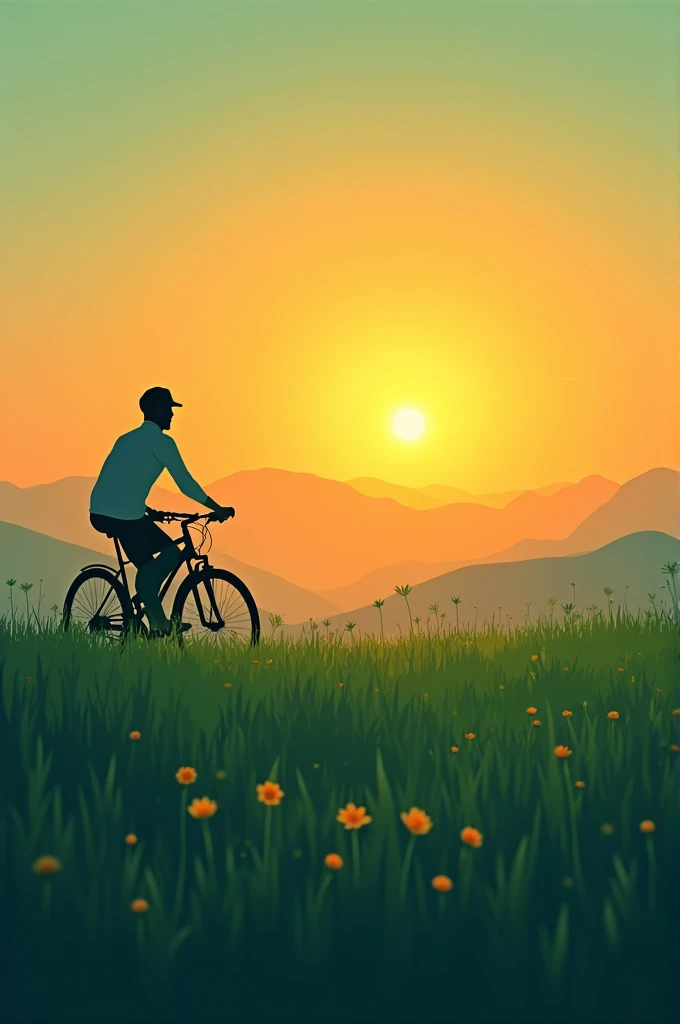 A greenground with  and cycle with man sunset only show shadows