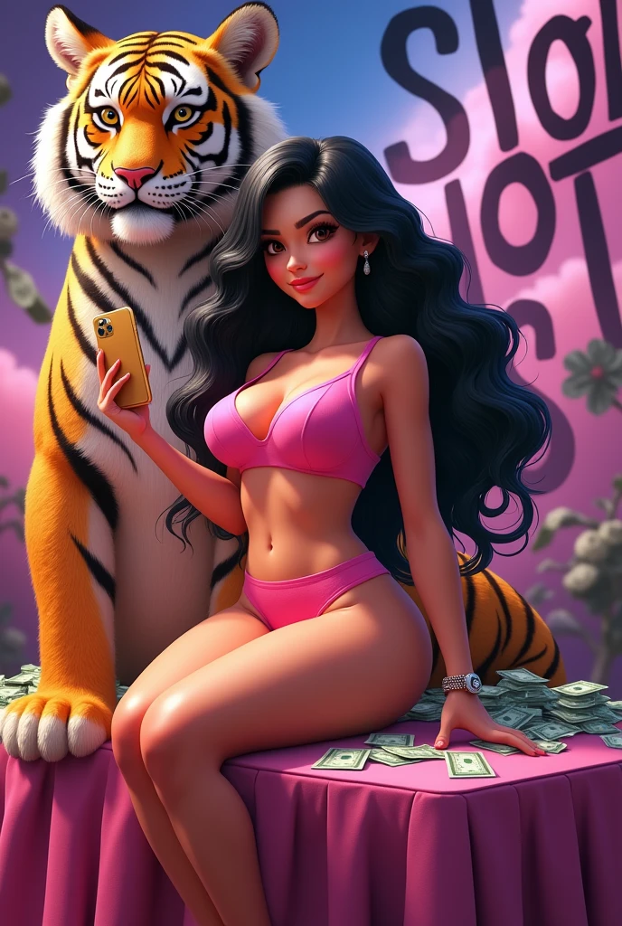 Pixar style poster of a beautiful brown woman with long black hair, wavy with dark brown eyes, chubby girl wearing a watch on her arm. Sitting on a pink filly, on the table full of money, wearing a pink crop top, and short shorts. with tiger next to it holding a golden iPhone cell phone., with casino backgrounds written slots in black colors. Background image name slots
