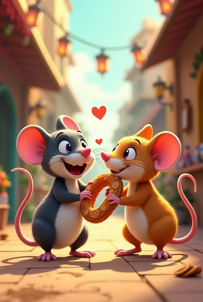 Make two mice in love fighting over a churro in animation style