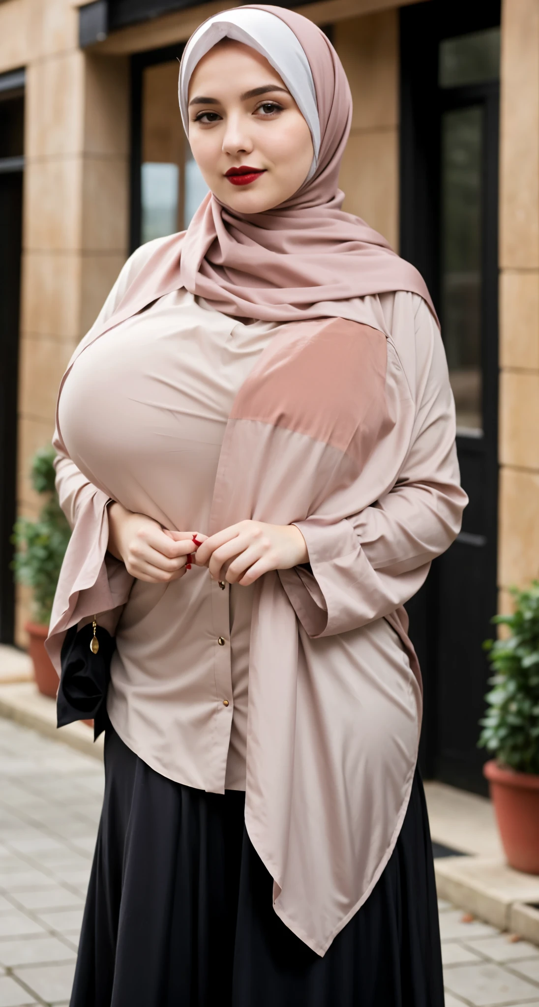 1 girl, tall vampire, closeup, pale skin , plus size body, big breasts, corset, burgundy hair color, tied hair with band, winged eyeliner, brown eyes, dark lipstick, hijab
