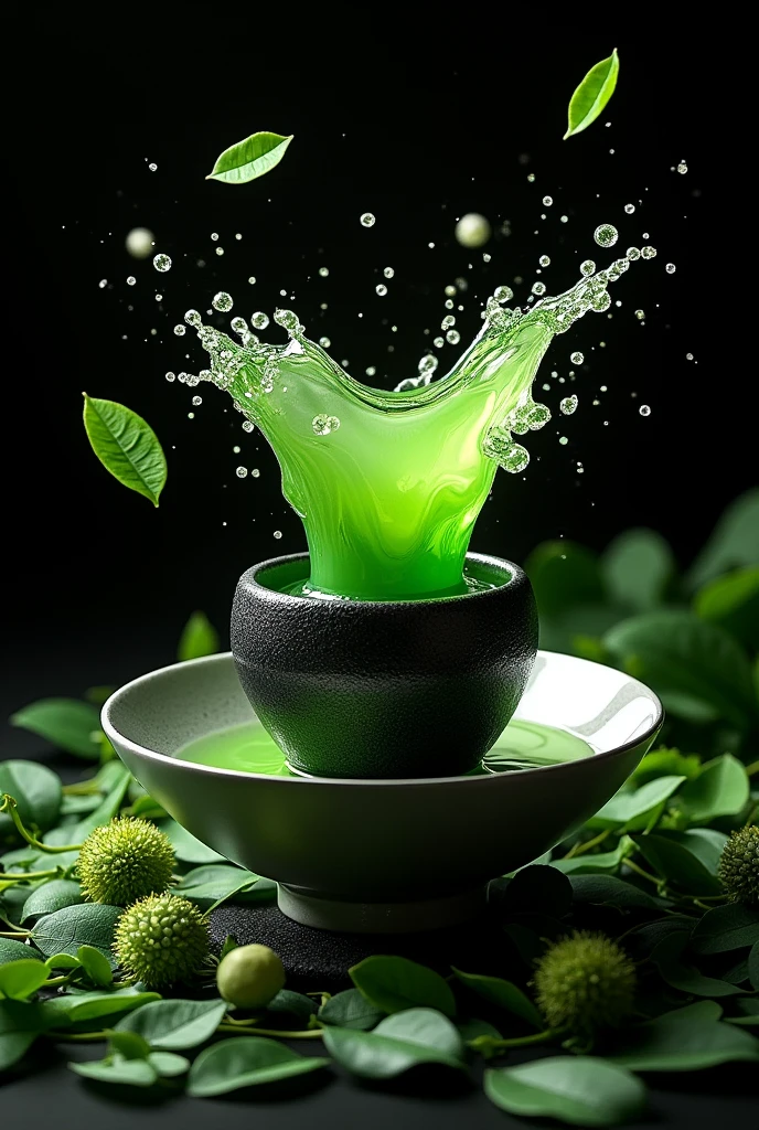 Product Design，Green tea seen from above，Silver edge bowl，Black Vessel，Splashing green tea，A spectacular splash of water，Fantasy、Realistic、steampunk，Black background，Surrounded by leaves and flowers，Leaves flutter
