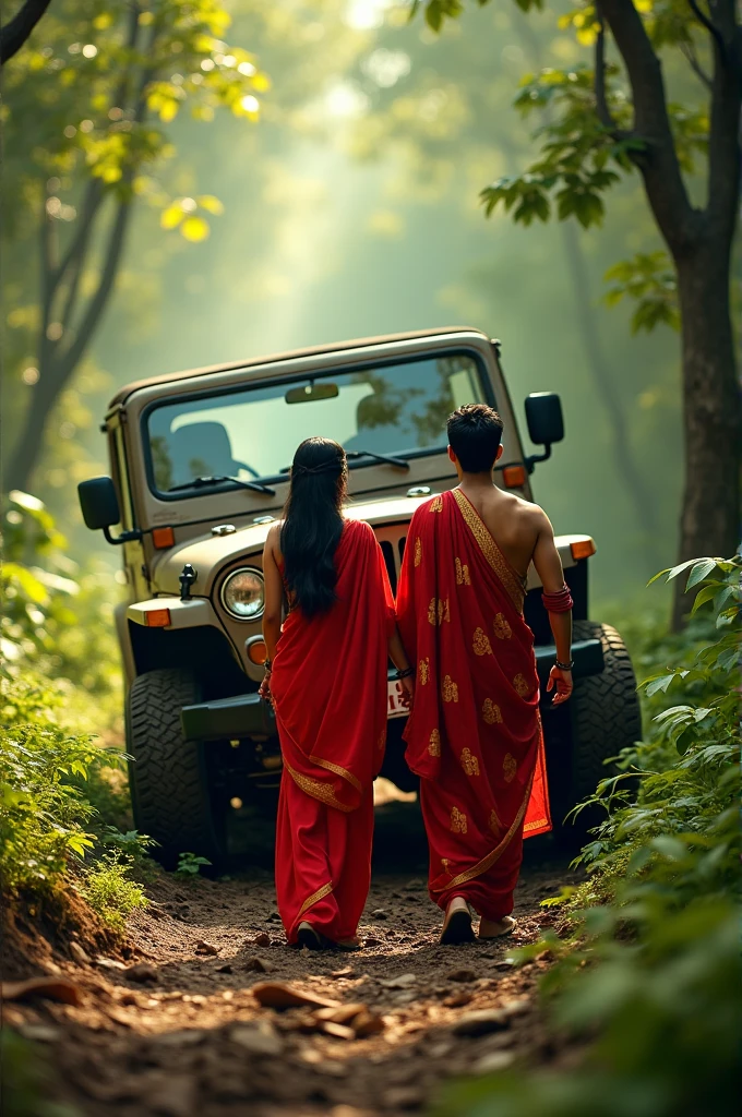 No problem! Let's adjust the story to fit the new setting of being in a jeep. Here's a revised version:
---
**Title: Lost in the Jungle**
Maya and Arjun had been together for nearly a year. They were an unlikely pair—Maya was thoughtful and artistic, while Arjun loved adventure and the thrill of the unknown. This love for excitement had led them to a remote jungle for a weekend getaway, far from the hustle and bustle of city life.
“Are you sure we won’t get lost?” Maya asked as they drove deeper into the dense jungle. She was wearing a vibrant red saree that made her look like she was straight out of a movie, the fabric shimmering in the dappled sunlight.
Arjun smiled, glancing at her from the driver’s seat of the jeep. “Don’t worry. I’ve got everything under control. This jeep is built for this kind of terrain, and I know how to handle it.”
They drove on, the jeep bouncing over rocks and through shallow streams. The jungle around them was alive with the sounds of chirping birds and rustling leaves. Maya watched the trees go by, feeling a mix of excitement and a bit of nervousness. The jungle was beautiful but also wild and untamed.
As they went deeper, the path became less distinct. The thick foliage seemed to close in around them, and Arjun squinted at the map on his phone. “Strange, there’s no signal here,” he muttered.
Maya’s heart skipped a beat. “Arjun, maybe we should turn back,” she suggested, a hint of worry in her voice.
He nodded, starting to turn the jeep around. But as they made a sharp turn, the jeep’s tires hit a patch of loose soil, and suddenly, they were stuck. Arjun tried to rev the engine, but the wheels just spun in place.
“Uh-oh,” Arjun said, trying to sound calm.
Maya looked at him, eyes wide. “What do you mean, ‘uh-oh’? Are we stuck?”
He turned to her with a sheepish grin. “Just a little. But don’t worry, I can get us out of this.” He stepped out of the jeep, assessing the situation. The jeep was tilted to one side, the tires half