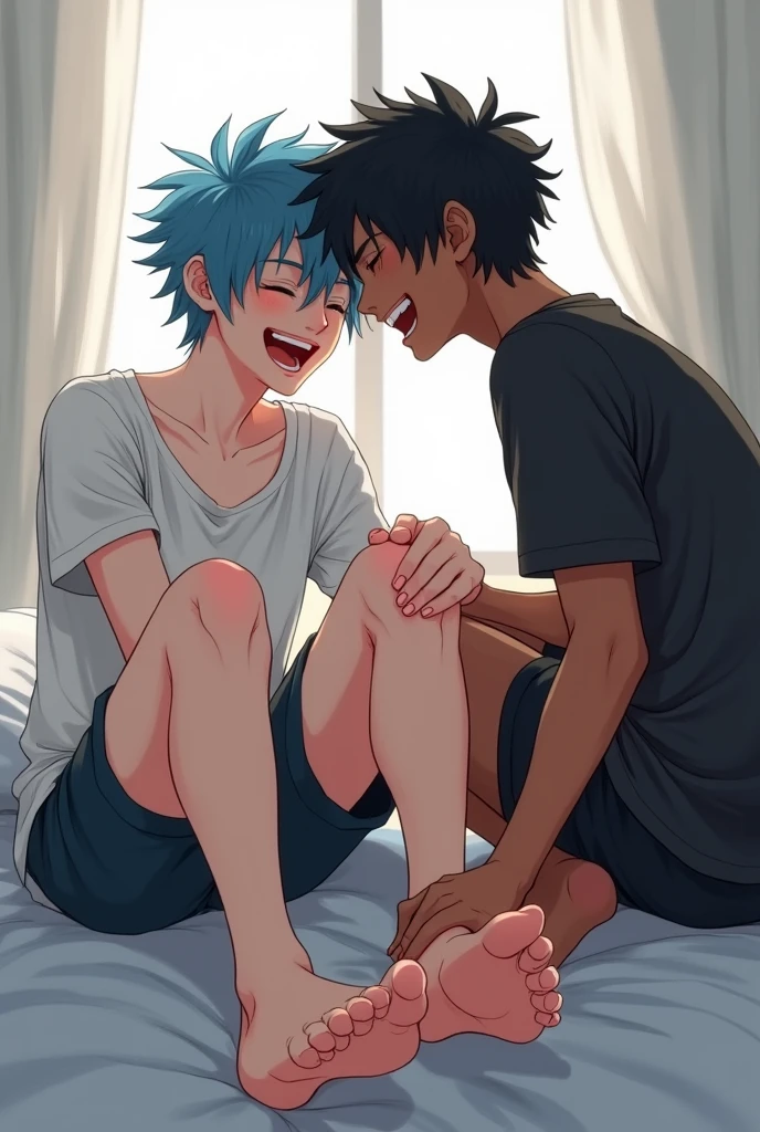 Emo boy, pale skin, blue hair, sitting on bed, barefoot, nice feet, aesthetic feet, showing the soles of her feet,, laughing, getting tickled on the feet by a dark skinned boy,  realist