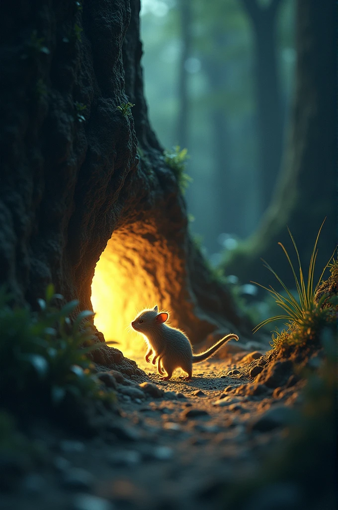 As he approached, the light grew brighter. Whiskers squeezed through a small gap at the base of the tree and discovered a hidden tunnel. His heart raced with excitement as he squeezed through the narrow passage, which led to an underground chamber.