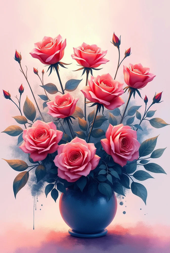 flower, a pot of roses ,in the style of light red and blue in the center, dreamy and romantic compositions, pale red, ethereal foliage, playful arrangements,fantasy, high contrast, ink strokes, explosions, over exposure, purple and red tone impression , abstract, ((watercolor painting by John Berkey and Jeremy Mann )) brush strokes, negative space, light background