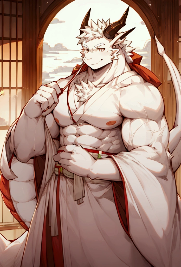 White Sacred atmosphere Gentle smile Muscular kimono dragon Long tail