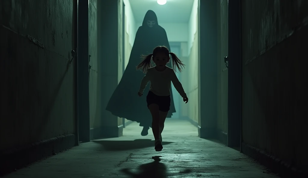 Girl hesitates but runs towards the exit, with one of the masked figures chasing her.