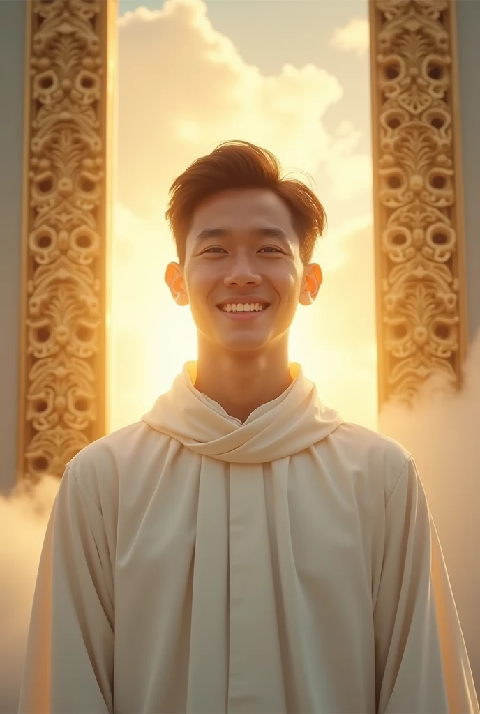 Make me a photo of an Indonesian man in his 20s wearing a Catholic white robe, with the background of 2 golden gates of heaven above the clouds, very realistic, photo taken using a Nikon camera, his face smiling looking at the camera, His entire face robed shining like the sun