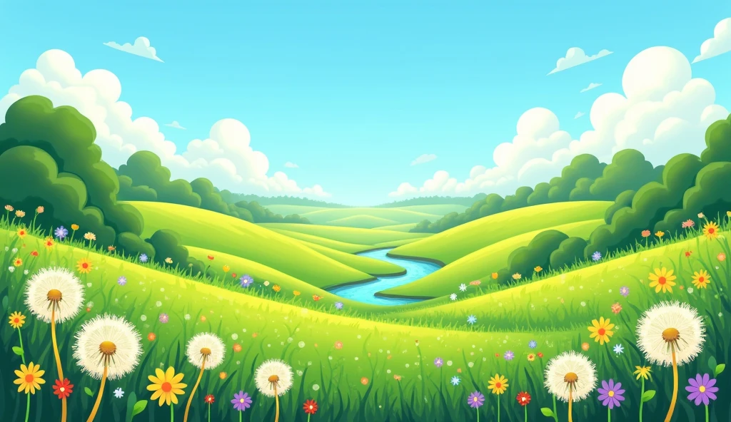 Make me a cartoon-style green meadow landscape