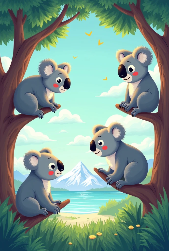 Koala in a tree talking and thinking about Antarctica with his friends cartoon cute