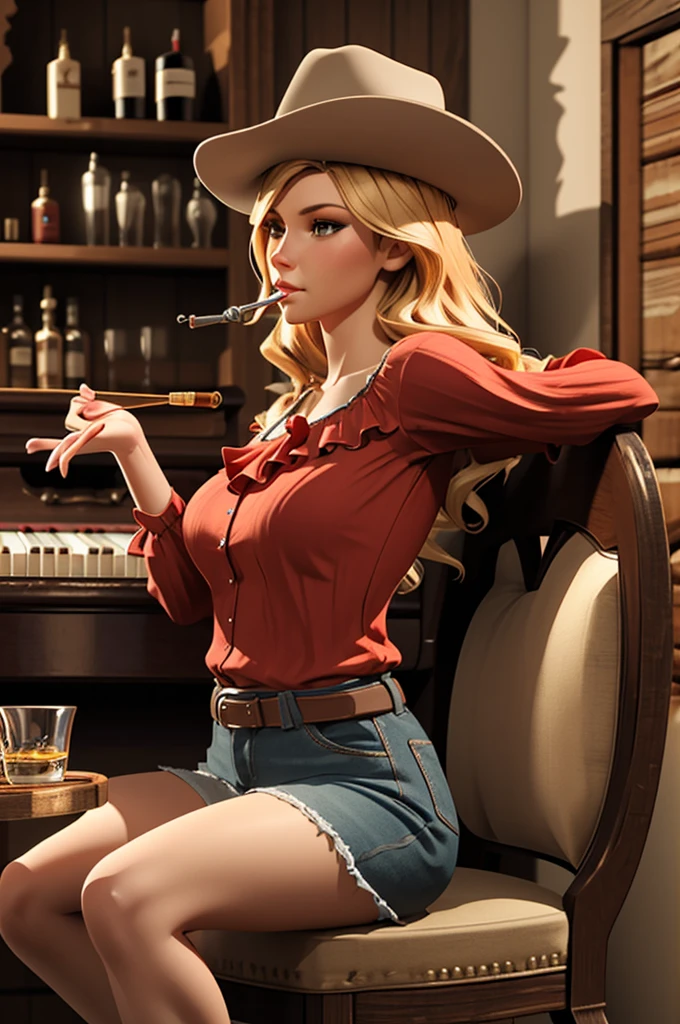 Short Haired Female Cowboy in a Saloon in the Old West,Blonde,Sitting,Smoking Pipe,Table Wisky,Piano,6 Bullet Revolver,Barrel,Table,Playing Cards,Dust,Artwork,3D,4K,Detailed,Realistic,Black Bra,White Skirt, Kneeling on table, showing armpits