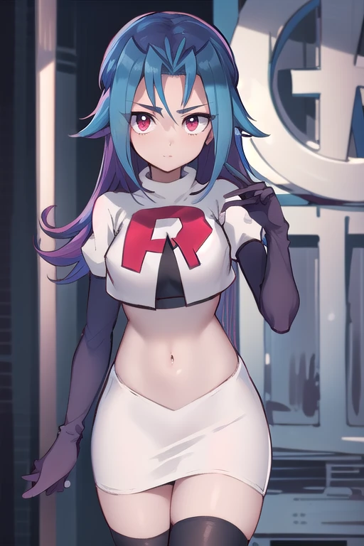 masterpiece, best quality, highres, kr1, multicolored hair, dyed bangs, team rocket,team rocket uniform,white skirt,red letter R,crop top,black thigh-highs,black elbow gloves, cowboy shot, 