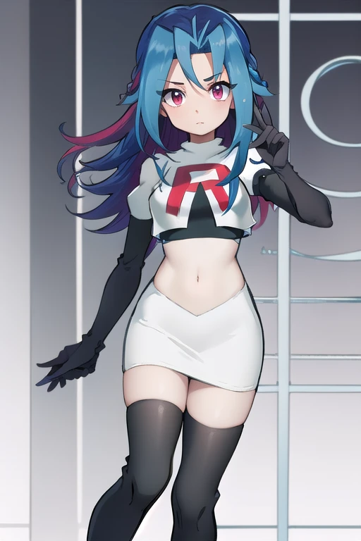 masterpiece, best quality, highres, kr1, multicolored hair, dyed bangs, team rocket,team rocket uniform,white skirt,red letter R,crop top,black thigh-highs,black elbow gloves, cowboy shot,