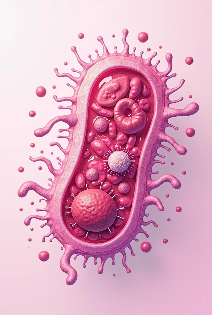 I want a structured bacteria with its parts colored or pink tones