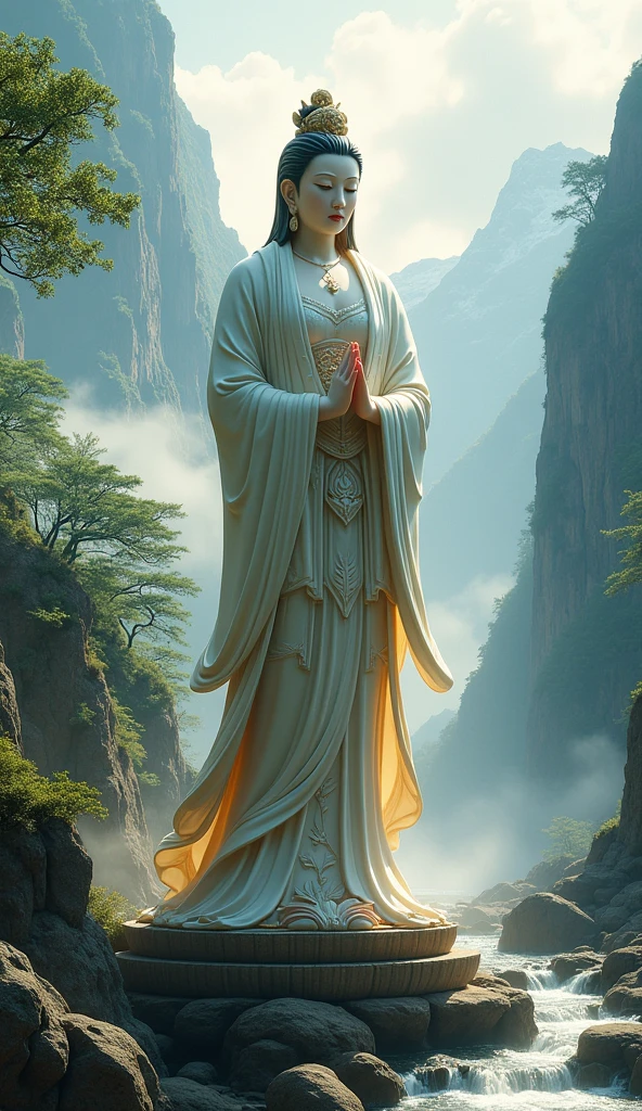 Create a majestic image of Guanyin (Avalokiteshvara) in a grand natural setting, featuring mountains, large trees, and a flowing stream. Guanyin is depicted standing gracefully in a compassionate pose, blessing all beings. Her face is beautifully detailed with high-resolution clarity, showing serene and delicate features. The scene captures the essence of tranquility and divinity, with dramatic lighting that enhances the natural beauty of the surroundings. The image should be sharp, clear, and fully detailed, showcasing the highest quality and completeness. The environment should reflect the harmony between Guanyin and nature, emphasizing the grandeur of the mountains and the peaceful flow of the stream. fog, sunlight, front camera angle