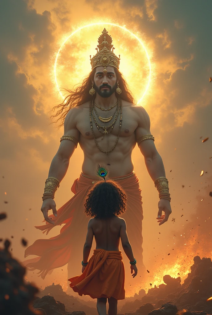 Lord Yogeshwar Swarup in battle ground, little Krishna in front of Yogeshwar, a big crown on Yogeshwar's head, battle ground, yellow and blue sky, curry hair of little Krishna, a peacock feather on little Krishna's head, 4k resolutions