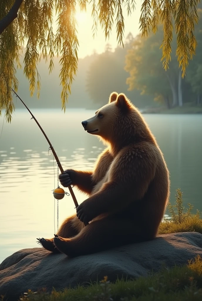 On the lakeside with a faint morning light, a bear with shiny fur sat quietly on a rock under the shade of willow trees, holding a homemade fishing rod in its hand, leisurely and carefree. On the lake, a thin mist lingers