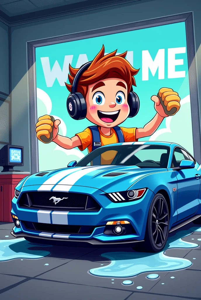 Create me a logo mascot where the mascot is a gamer boy washing a blue mustang sports car and that rriva has the words "WASH ME" carwash detailing