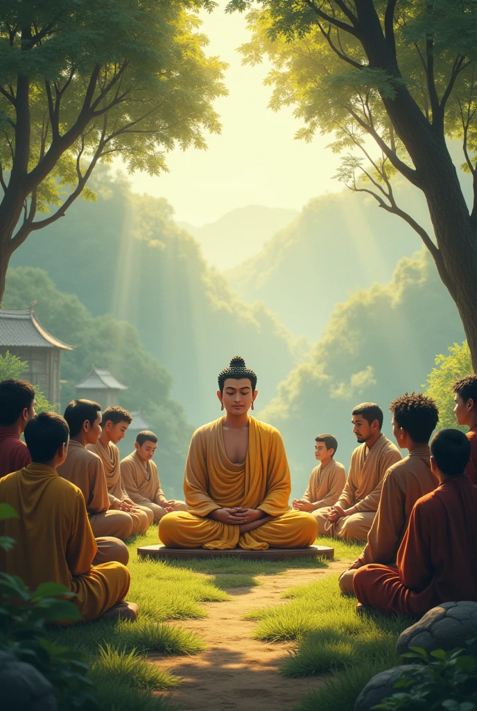 Gautam Buddha seated in a meditative posture, surrounded by his disciples and villagers. He speaks calmly, with soft sunlight filtering through the trees. The villagers listen intently, reflecting on his words of wisdom."