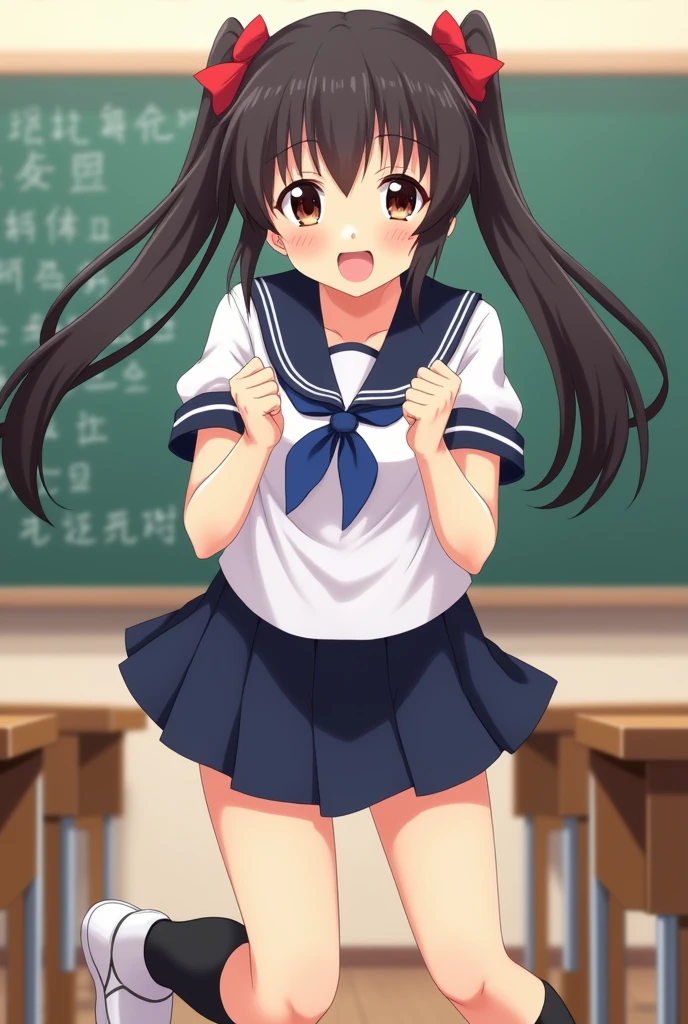 Anime Style, Angle from the front, One girl is standing, The girl is making a fist pump with both arms in front of her chest,
The girl is leaning forward slightly.,
Smiling with a proud look,
The girl is wearing a white sailor suit with short sleeves and a navy collar, with a blue ribbon., Wearing a navy blue skirt, 
Wearing black high socks, Wearing white slippers,
The girl&#39;s hair is very long and black with low twin tails with red ribbons., 
Not high pigtails, Not half-up, Not long hair,
In my s,The chest is small, Has dark brown eyes,
classroom, indoor, School Chair, School desk, There is a blackboard,
Daytime, summer, Close to the face, From above.