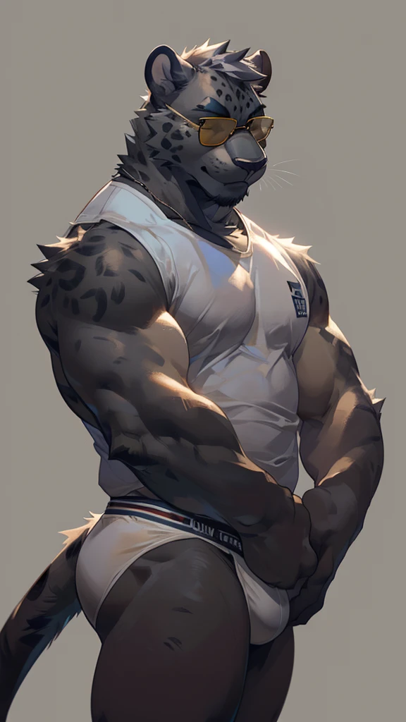 solo, male, medium muscular, black jaguar, in white underwear, underwear, ((focus body, furry focus, shades focus, body shades)) (((gray background, gray wallpaper, One color))), By darkgem, that mystikfox61, by glitter trap boy