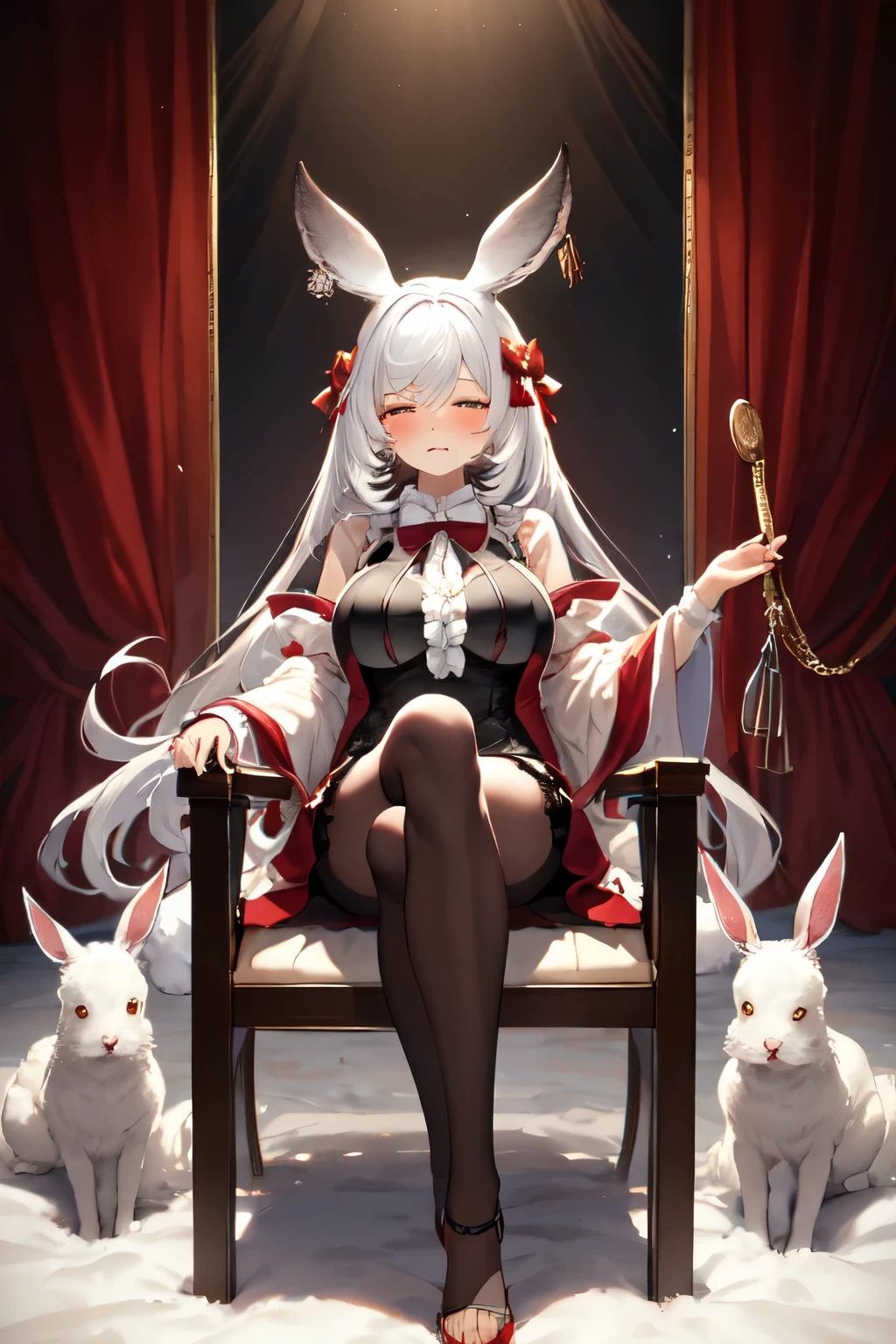 masterpiece, (detailed, high resolution, best quality), 1 Girl, Makuladev, Rabbit ears, Hairpin, Black tights, Ruffles, Separate sleeves, White stockings, , , chain, Chair, Feet out of frame, Halo, Arm support, blush, Shut up, Feet beyond frame, Half closed eyes, hand on own thigh, Looking at the audience, sit, Solitary, from the side ，Fox Girl，Huge breasts，High heel