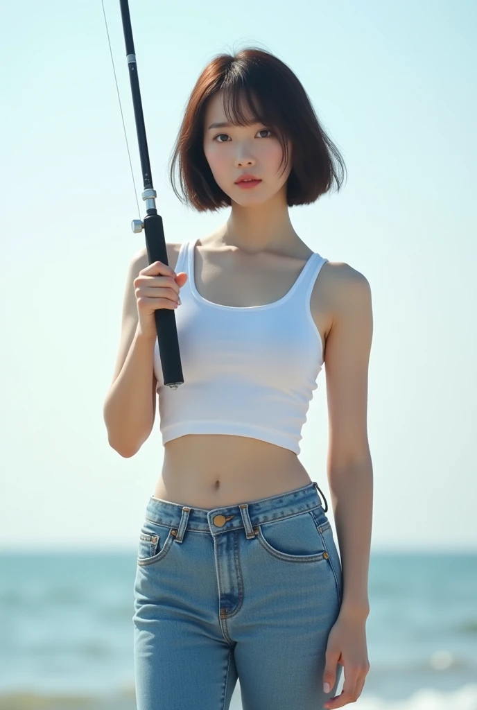 Highly realistic 8k photos, beach background, standing, Holding a fishing reel with one hand, Korean woman, Wearing a white sleeveless top and jeans, standing face to face, Looking at the camera, A photo showing the whole body, short hair
