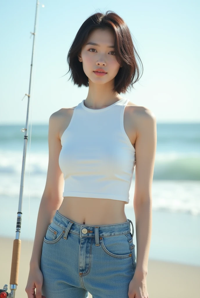 Highly realistic 8k photos, beach background, standing, Holding a fishing reel with one hand, Korean woman, Wearing a white sleeveless top and jeans, standing face to face, Looking at the camera, A photo showing the whole body, short hair