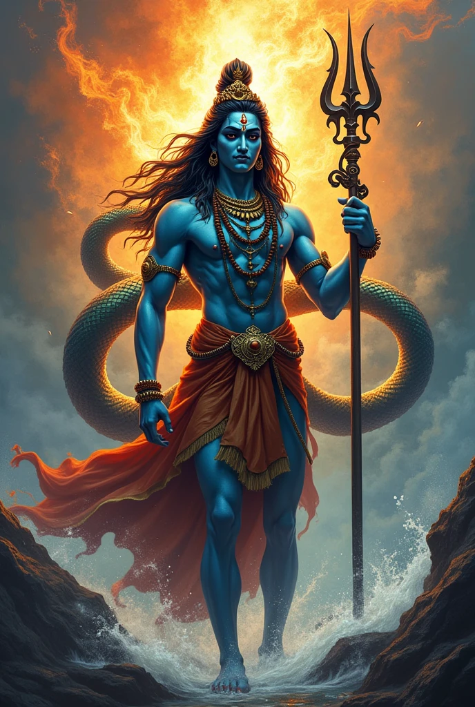 Lord shiv with his sanke vasuki hand with trishul and around him fire and water mixtures