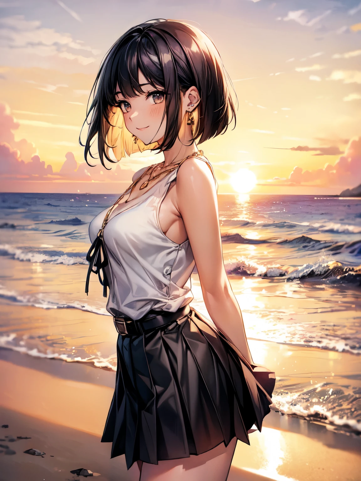 ((masterpiece, Highest quality, Very detailed)), anime CG,
One girl, 20 years old, full makeup, black hair, bob cut, swept bangs,
her hair flowing in the wind,
BREAK ((black eyes)), droopy eyes, medium breasts, looking at viewer,
smile, from side, cinematic angle,
((lots of pierced earrings, silver chain necklace, silver bracelet)),
BREAK BREAK ((sleeveless white dress shirt)), (cleavage), ((black pleated mini skirt with belt)),
BREAK (beautiful scenery), (panoramic view:1.3), ultra-wide angle lens, (vast horizon:1.2), beach, ocean waves, cloudy sky, ((golden hour lighting:1.3)), coastal scenery, ((warm colors)), serene atmosphere, soft focus,