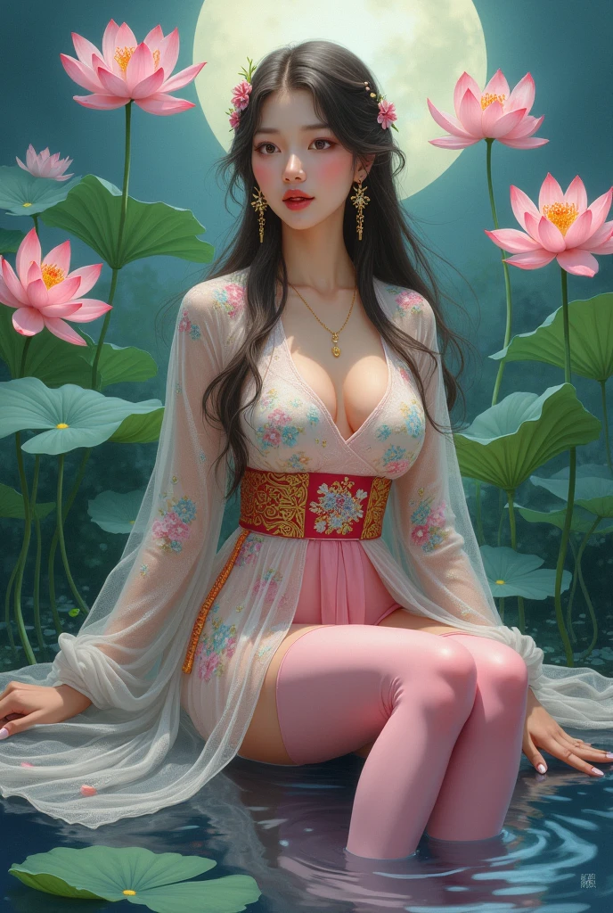 Sitting in a pond of lotus flowers blooming lots and lots of lotuses, feet playing in the water, art depicts a charming woman in a flowing, silky traditional oriental dress with pink, tight translucent trousers, decorated with intricate patterns and bright colors. Her dress drapes elegantly over her curvy figure, accentuating her seductive silhouette. She sits gracefully by the tranquil lotus lake, her feet playing in the water, bathed in the soft glow of the moonlight. The scene exudes an ethereal and dreamy atmosphere, with a touch of mystery and sexiness. The graphic style blends watercolor and digital illustration techniques to evoke a refined beauty and charm. The lights are filled with soft moonlight, casting soft highlights and shadows on her charming features. Bare thighs, wearing tight translucent pants, large breasts, three-dimensional facial features, sitting, upturned legs, side braids