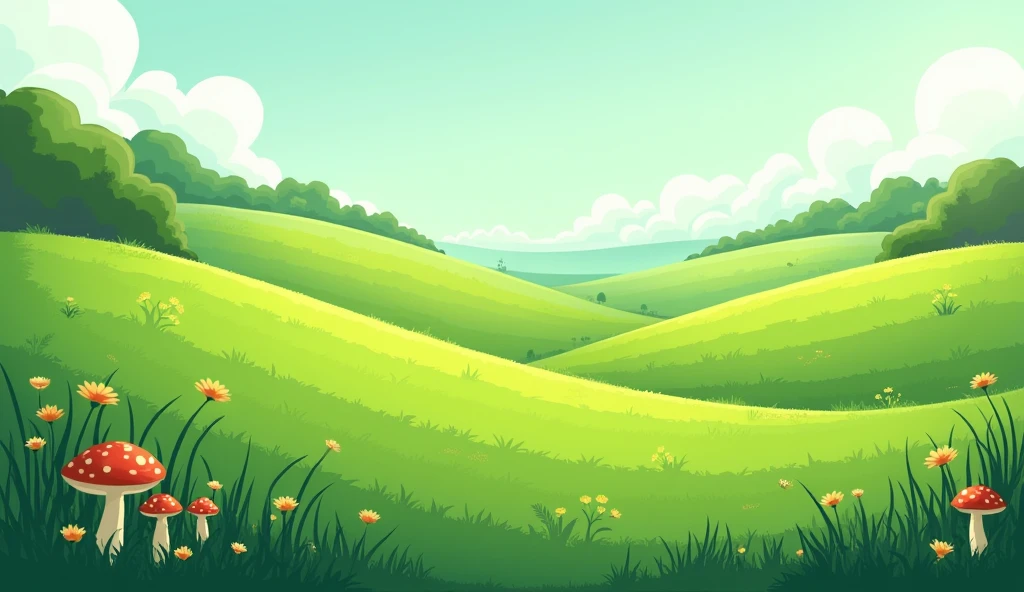 Make me a cartoon-style green meadow landscape, without flowers