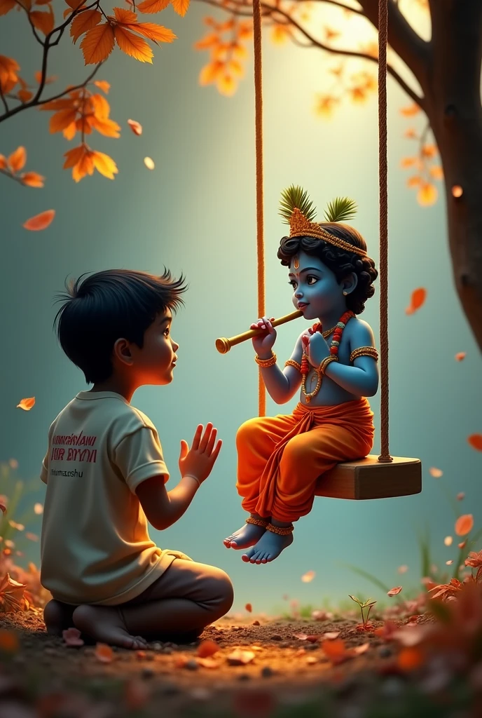 create a 3D realistic picture "A boy is worshiping Shree Krishna and Shree krishna is sitting on a swing and playing flute and "Himanshu" is written on the boy's t-shirts and the boy is worshiping and in the background "Happy Janmashtami" is written in bold font clearly, make sure everything should be correct