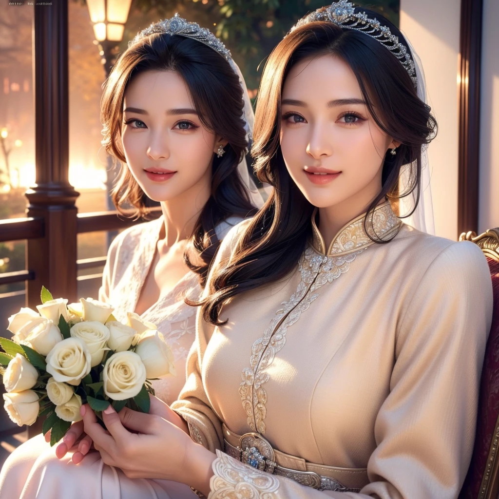 1girl, beautiful young woman, royal bride outfit, detailed face, alluring eyes, full lips, outdoor setting, selfie, soft lighting, warm colors, (best quality,4k,8k,highres,masterpiece:1.2),ultra-detailed,(realistic,photorealistic,photo-realistic:1.37),cinematic,beautiful detailed eyes,beautiful detailed lips,extremely detailed face and eyes,long eyelashes,intricate clothing textures,elegant posing,warm smile,romantic atmosphere