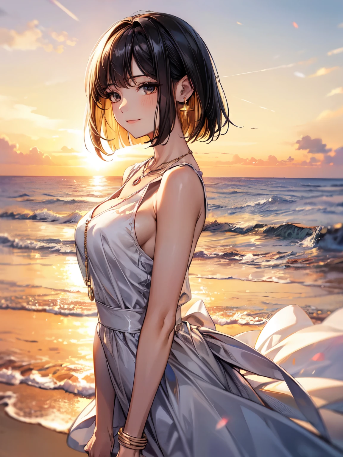 ((masterpiece, Highest quality, Very detailed)), anime CG,
One girl, 20 years old, full makeup, black hair, bob cut, swept bangs,
her hair flowing in the wind,
BREAK ((black eyes)), droopy eyes, medium breasts, looking at viewer,
smile, from side, close up shot, focus lip,
((lots of pierced earrings, silver chain necklace, silver bracelet)),
BREAK BREAK ((sleeveless white dress shirt)), (cleavage),
BREAK (beautiful scenery), (vast horizon:1.2), beach, ocean waves, cloudy sky, ((golden hour lighting:1.3)), coastal scenery, ((warm colors)), serene atmosphere, soft focus,