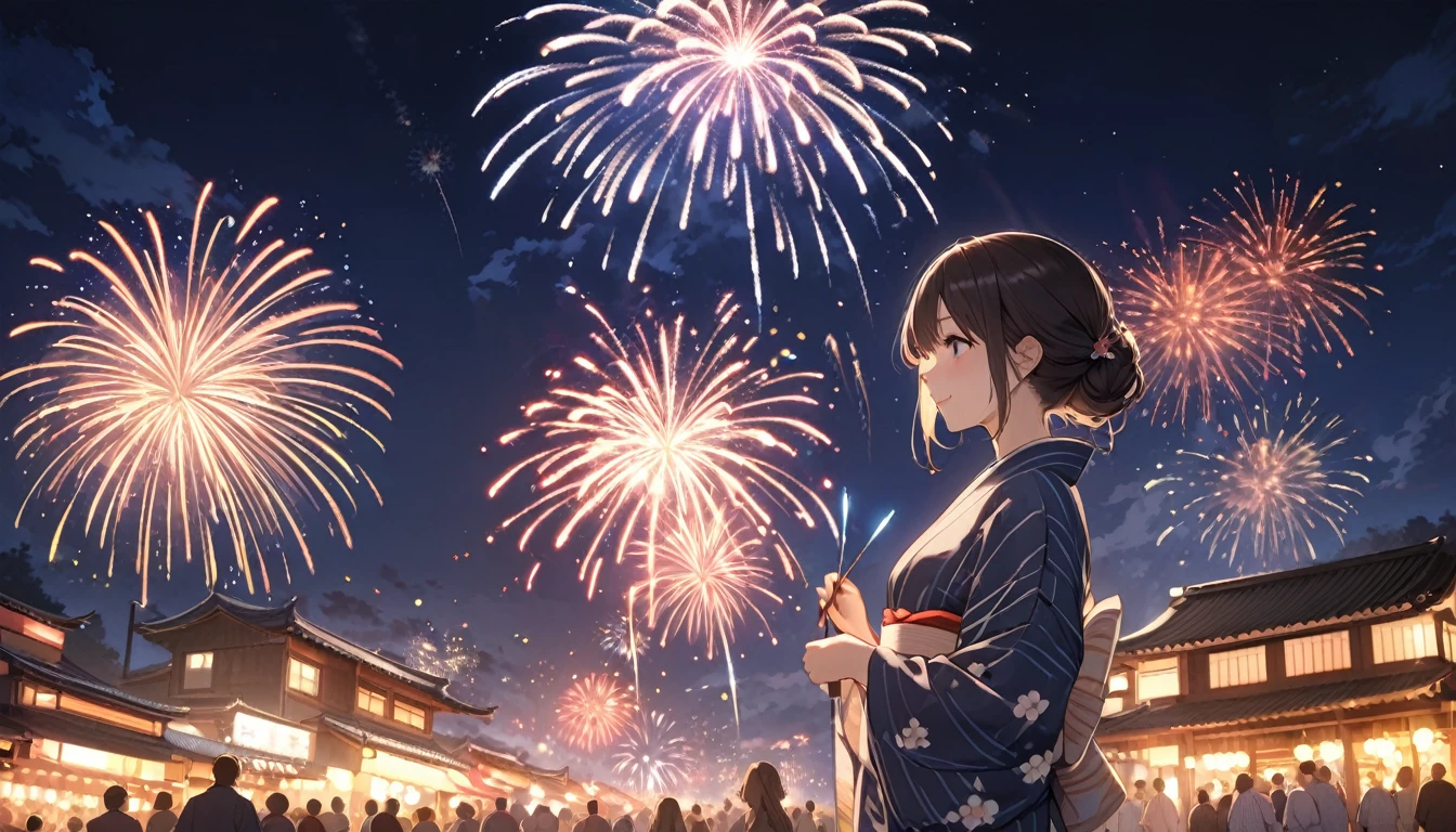 Highest quality,Wearing a yukata,firework,Night Sky