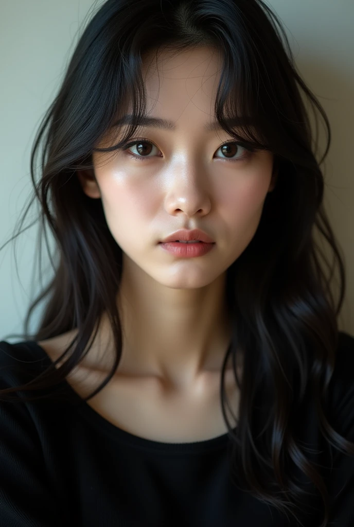 Il y a une femme avec des cheveux longs et un haut noir, fille asiatique, 🤤, elle est face à la caméra, une jeune femme asiatique, une femme asiatique, Visage asiatique, regard sexy devant la caméra, femme asiatique, jeune visage asiatique pâle et mignon, Jeune fille asiatique, fille asiatique with long hair, comme une frange, avec quelques défauts en selfie