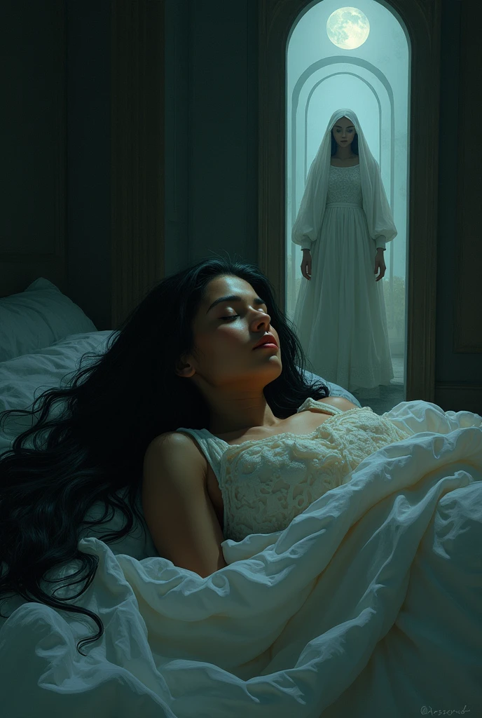 An image to illustrate the following poem:
Cuando Lizzand duerme
sueña con espejos que se abren
como puertas en la oscuridad.
Los que se han ido miran a través
and ella sabe que la observan
con ternura.
One night, ando también cruzaré el espejo,
and, in silence, I will braid her hair, One by one,
Until the light of day discovers us together In this or another world.
Lizzand es de piel oscura and cabello negro. She sleeps.