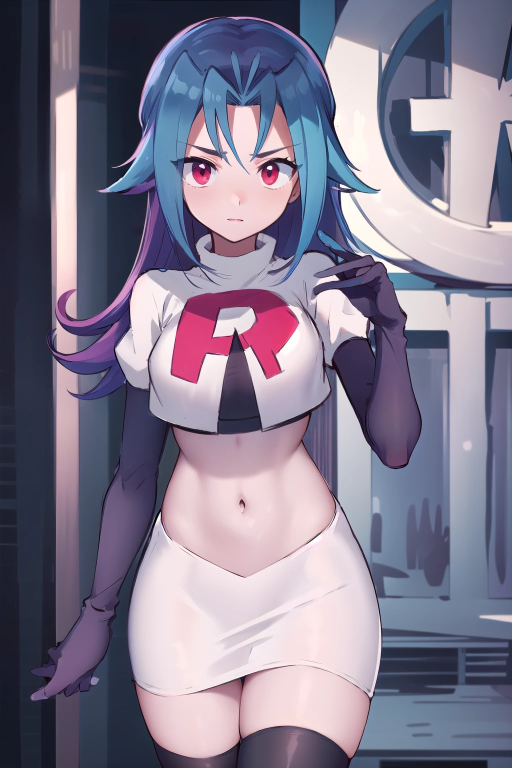 masterpiece, best quality, highres, kr1, multicolored hair, dyed bangs, team rocket,team rocket uniform,white skirt,red letter R,crop top,black thigh-highs,black elbow gloves, cowboy shot,