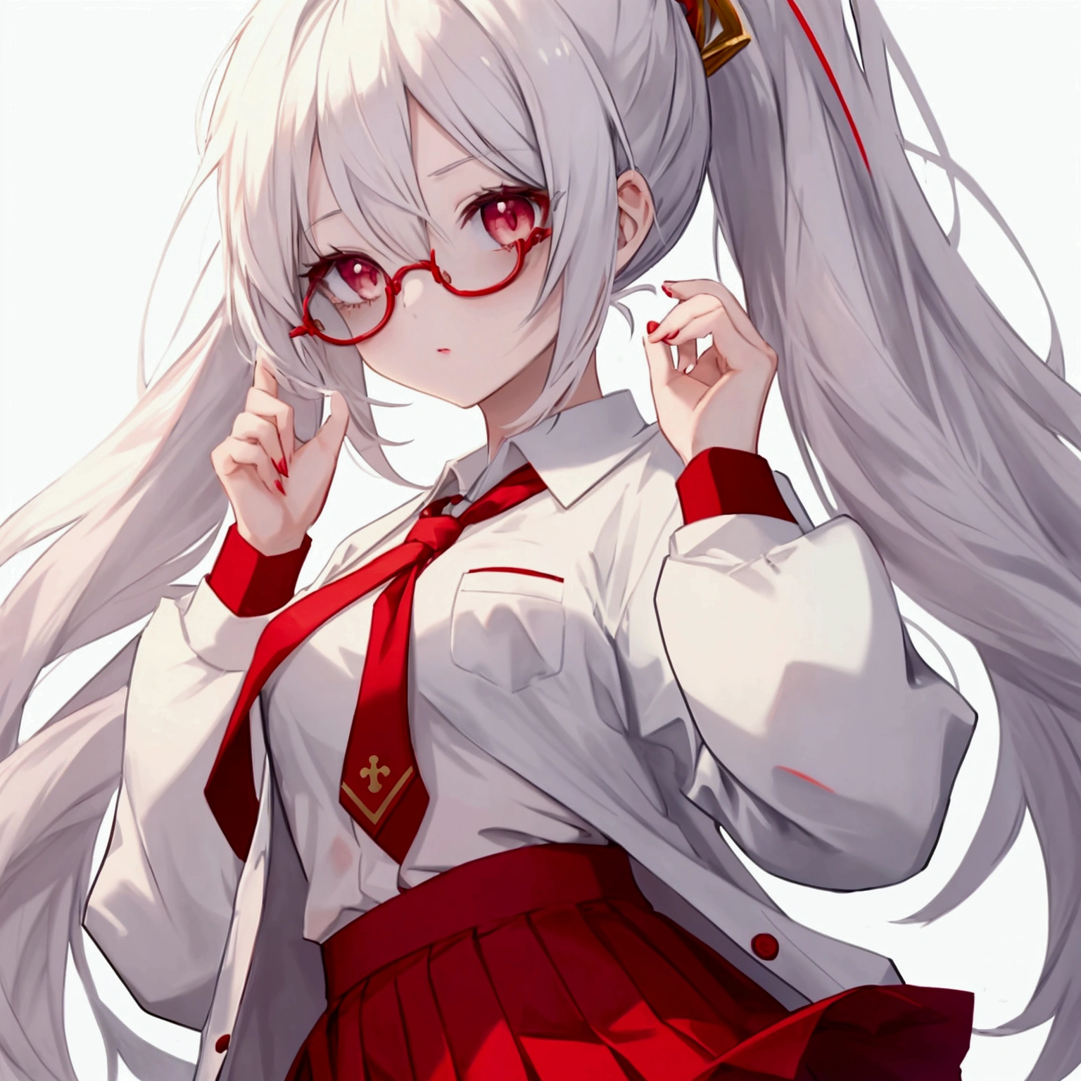 (Masterpiece) (Anime Girl, 1girl) (Detailed) She has a Pale And Flawless Skin, She has a Long White Hair, Ponytail, Red-ish Gold Eyes, For her outfit she wear a School Uniform which a White Shirt, Red Tie, School Sweater and a Black Short Skirt and a Glasses.